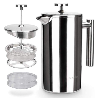 Secura French Press Coffee Maker, 304 Grade Stainless Steel Insulated Coffee Press with 2 Extra Screens, 34oz (1 Litre), Silver - Available at All In One Marketplace Canada