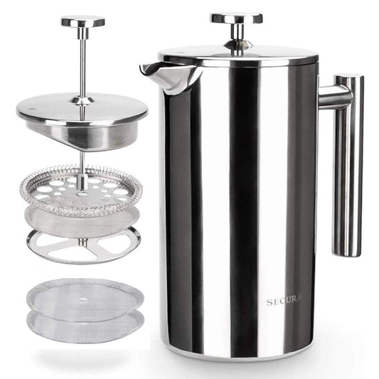 Secura French Press Coffee Maker, 304 Grade Stainless Steel Insulated Coffee Press with 2 Extra Screens, 34oz (1 Litre), Silver - Available at All In One Marketplace Canada