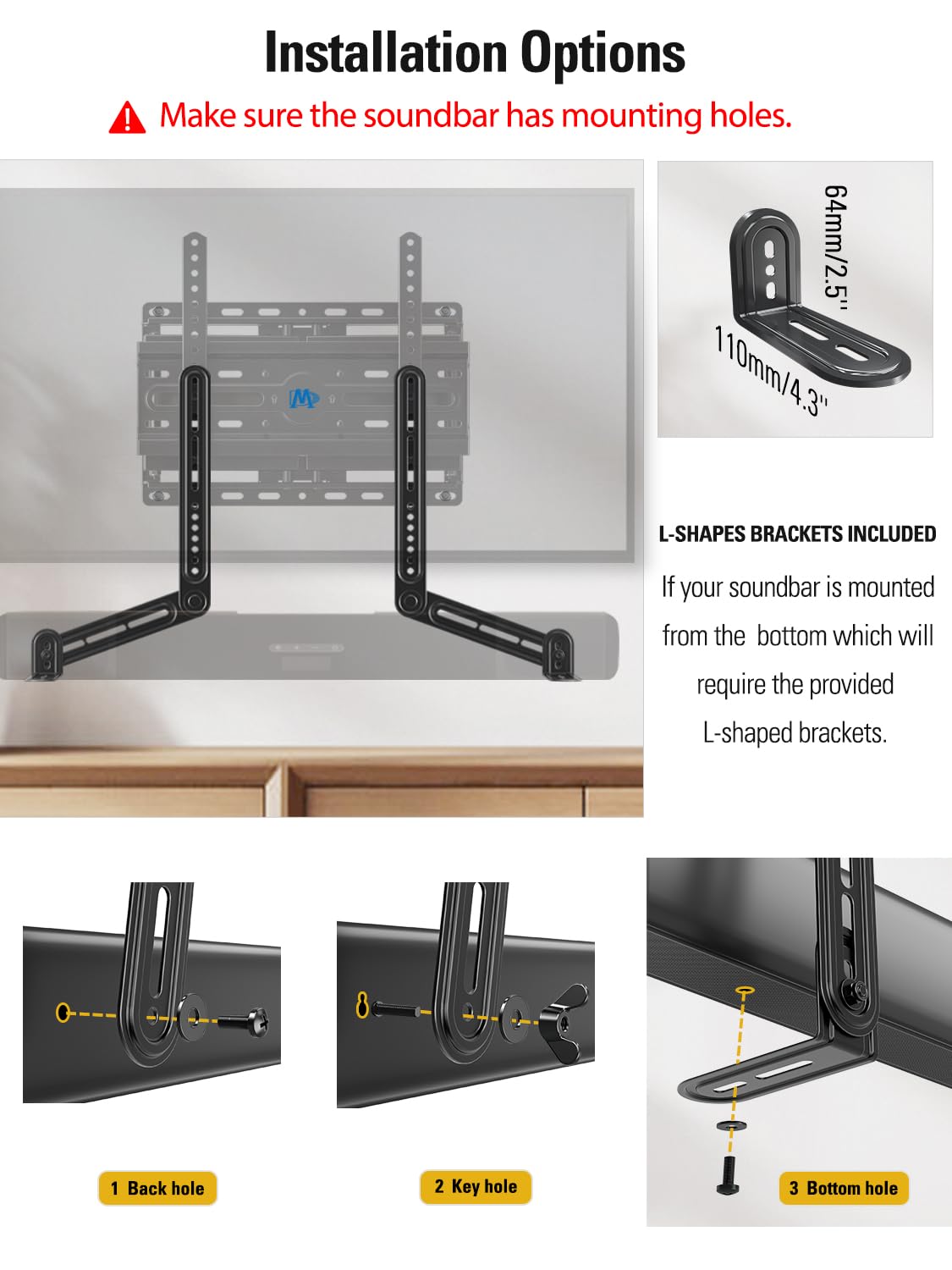 Mounting Dream Sound Bar Mount Bracket for Mounting Above or Under TV, Fits Most Sound Bars Up to 15 Lbs, with Detachable Long Extension Plates MD5420