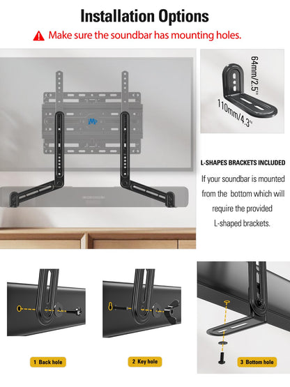 Mounting Dream Sound Bar Mount Bracket for Mounting Above or Under TV, Fits Most Sound Bars Up to 15 Lbs, with Detachable Long Extension Plates MD5420
