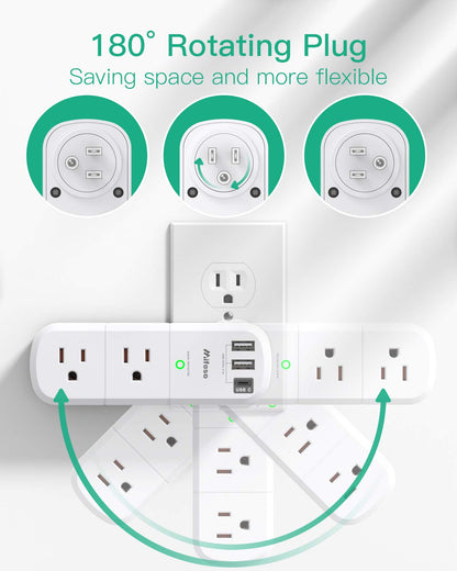 USB Outlet Extender Surge Protector - with Rotating Plug, 6 AC Multi Plug Outlet and 3 USB Ports (1 USB C), 3-Sided Swivel Power Strip with Spaced Outlet Splitter for Home, Office, Travel
