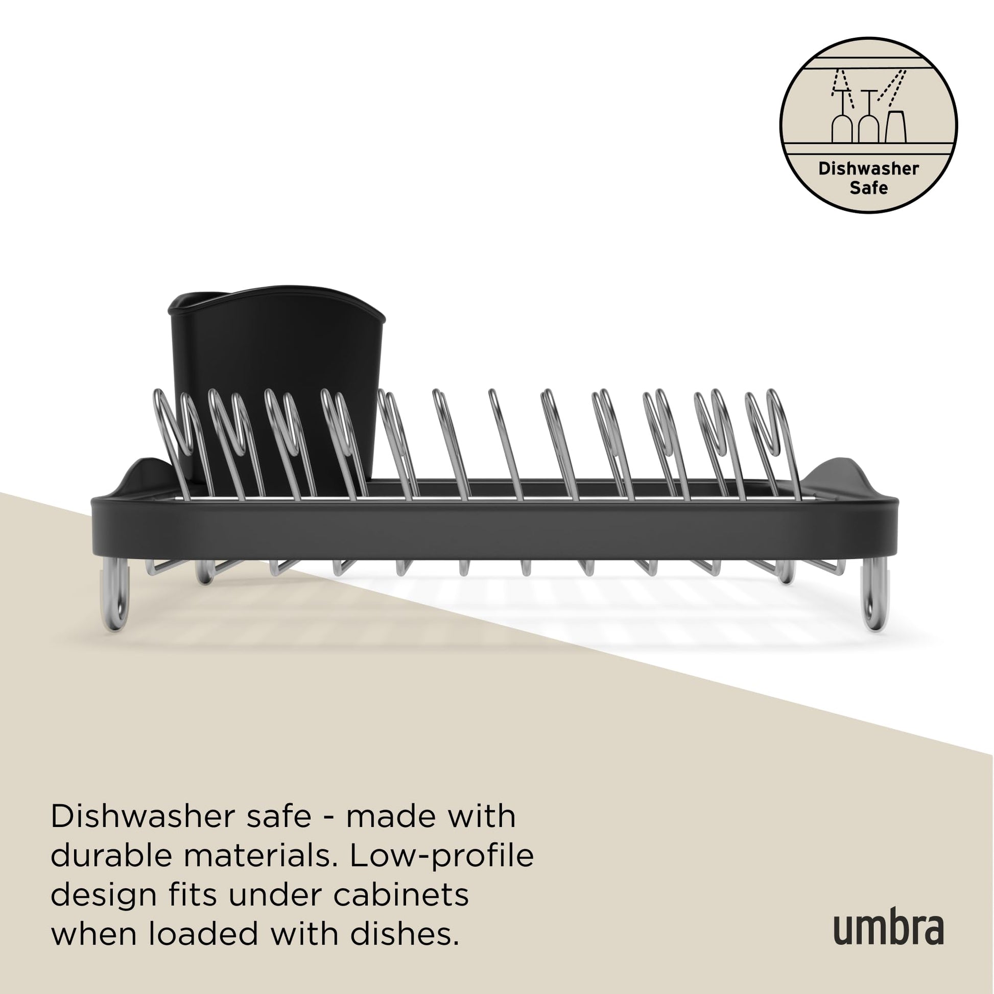 Umbra Sinkin Dish Drying Rack – Drainer Caddy with Removable Cutlery Holder – Use in Sink or On Counter, Standard, Black/Nickel Umbra