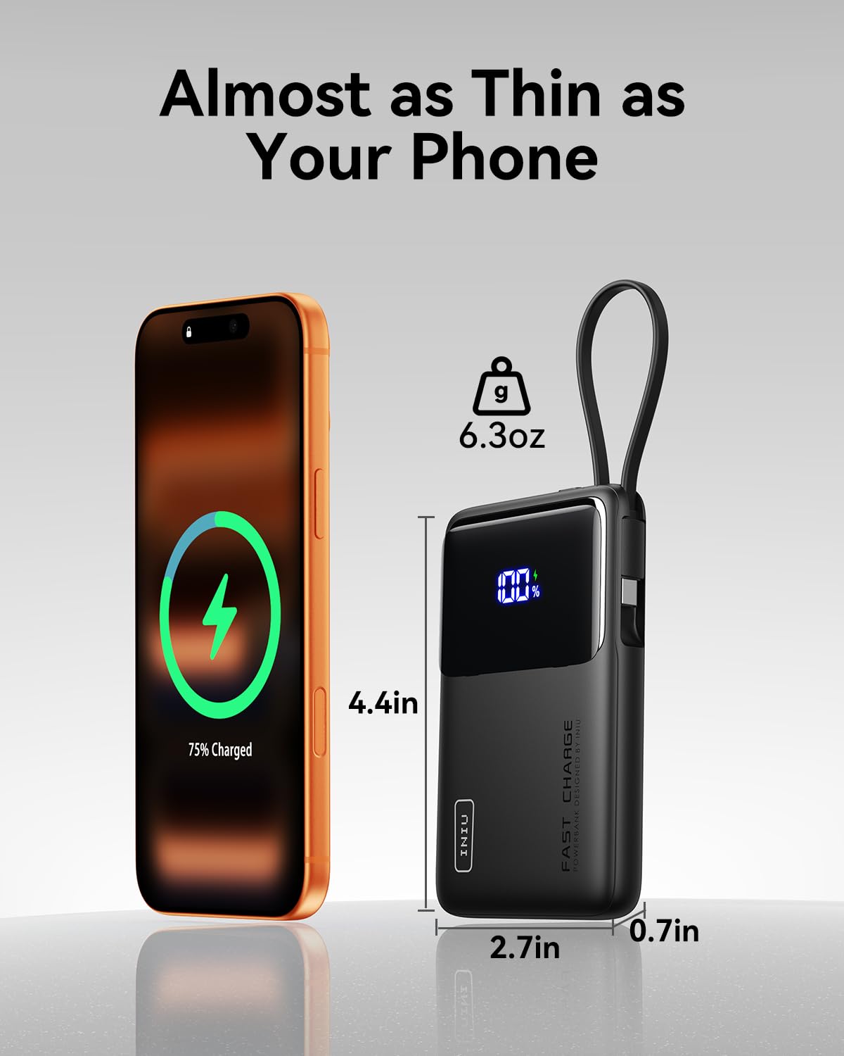 INIU 45W Power Bank, Slimmest 10000mAh Portable Charger with Built in USB C Cable, Fast Charging USB C in&Out Battery Pack, Travel External Phone Charger for iPhone 17 16 15 Samsung S25 S24 iPad etc