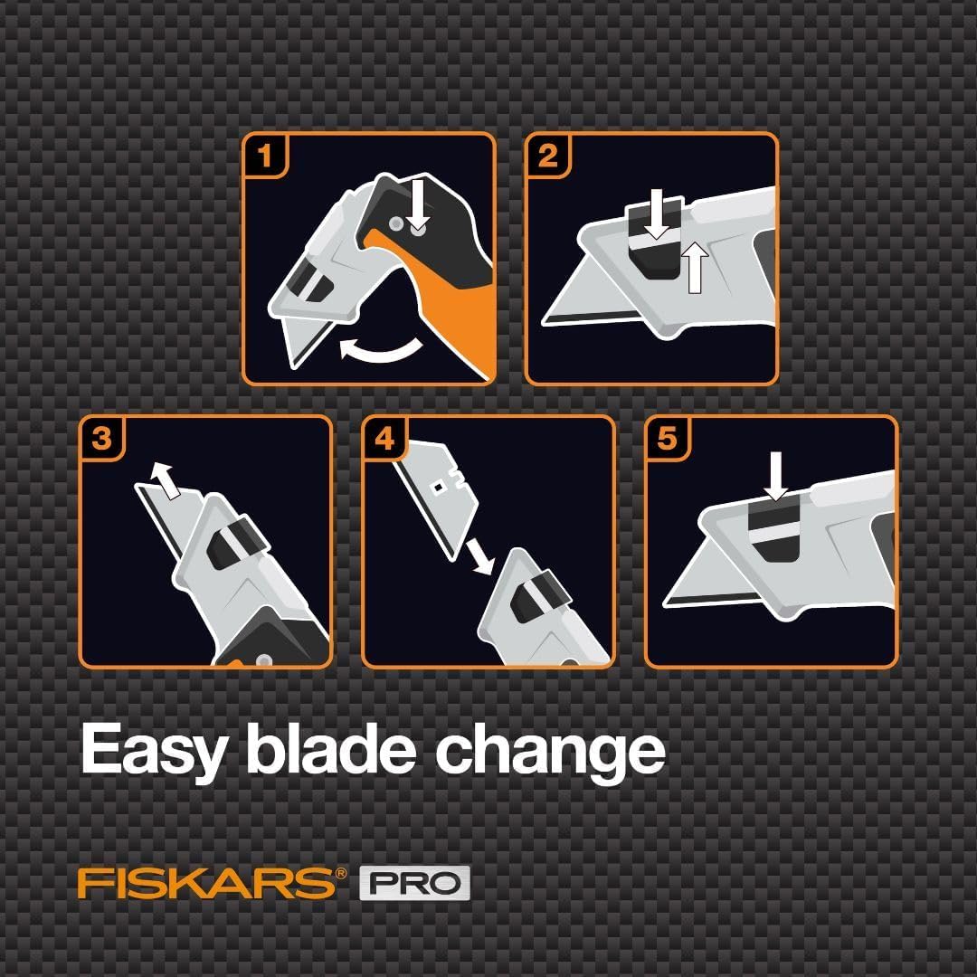 Fiskars Pro Retractable Folding Utility Knife, Box Cutter with Long-Lasting CarbonMax Razor Blade and Dual Lock Safety, Orange/Black Fiskars