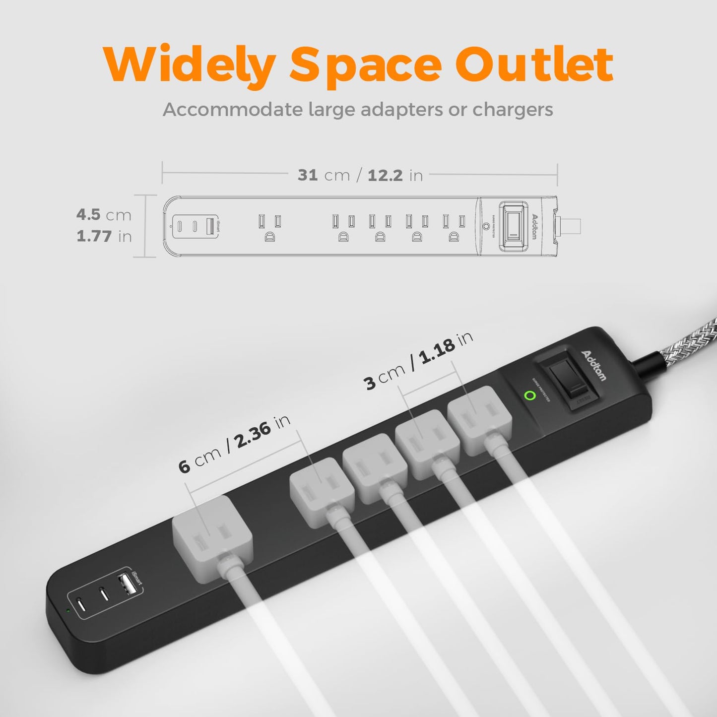 2 Pack Power Bar Surge Protector - 5 Widely Spaced Outlets 3 USB Charging Ports(2 USB C), 1875W/15A with 6Ft Braided Extension Cord, Flat Plug, Overload Surge Protection, Wall Mount for Home Office - Available at All In One Marketplace Canada