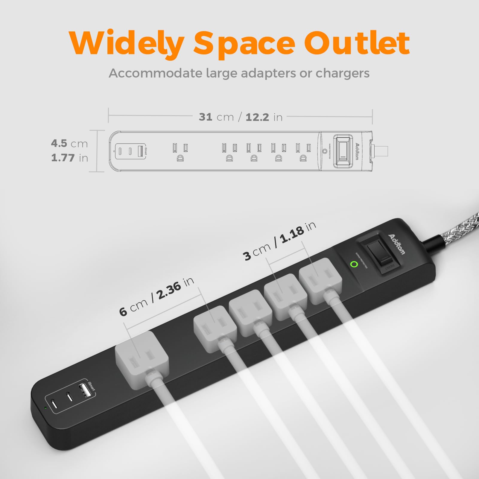 2 Pack Power Bar Surge Protector - 5 Widely Spaced Outlets 3 USB Charging Ports(2 USB C), 1875W/15A with 6Ft Braided Extension Cord, Flat Plug, Overload Surge Protection, Wall Mount for Home Office - Available at All In One Marketplace Canada