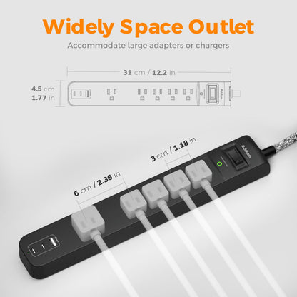 2 Pack Power Bar Surge Protector - 5 Widely Spaced Outlets 3 USB Charging Ports(2 USB C), 1875W/15A with 6Ft Braided Extension Cord, Flat Plug, Overload Surge Protection, Wall Mount for Home Office - Available at All In One Marketplace Canada