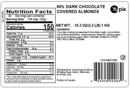 Yupik Dark Chocolate Almonds – 60% Cacao, 1 kg, Kosher Certified, Whole Nuts with Rich Chocolate Coating