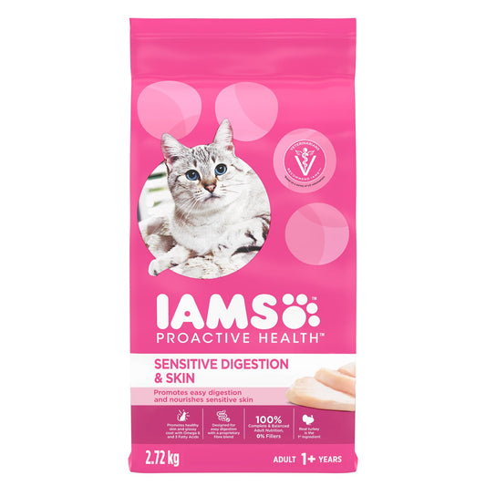 IAMS Proactive Health Sensitive Digestion & Skin Adult Dry Cat Food – Turkey – 2.72KG (5.9LB) Bag - Available at All In One Marketplace Canada