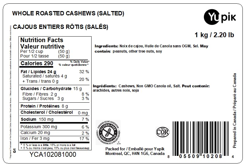 Yupik Whole Roasted Salted Cashews, 1 kg – Gluten-Free, Kosher, Vegan Protein Snack