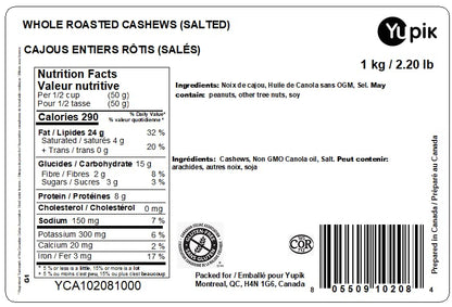 Yupik Whole Roasted Salted Cashews, 1 kg – Gluten-Free, Kosher, Vegan Protein Snack