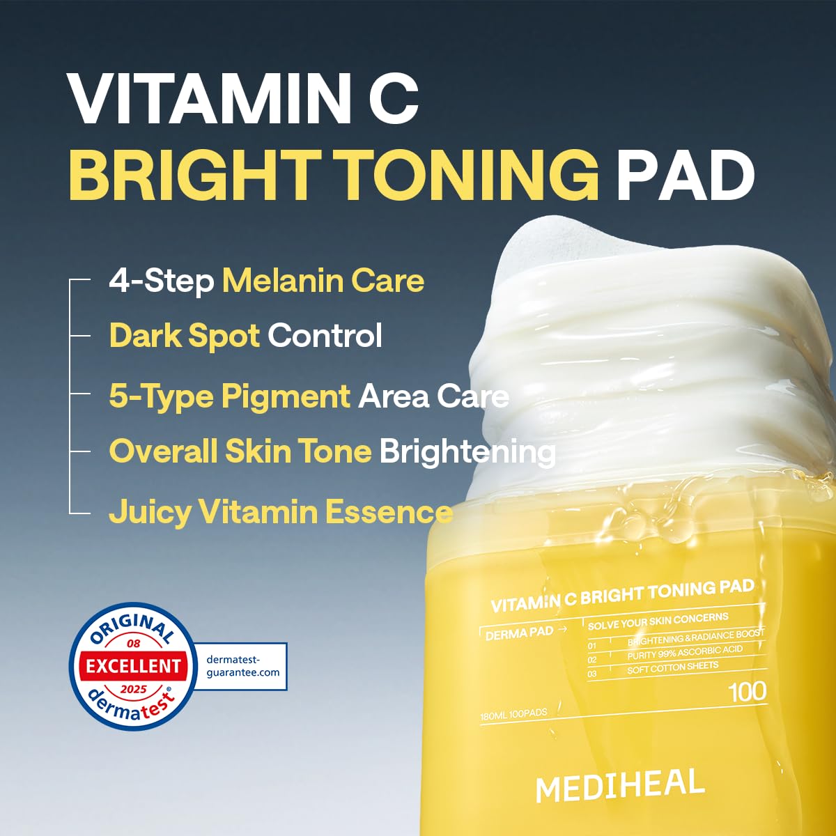 MEDIHEAL Vitamin C Brightening Toner Pads – Korean Skincare, 99% Pure Encapsulated Vitamin C with Sea Buckthorn & Glutathione, Dark Spots, Uneven Skin Tone Care, Gauze Fabric, 100 Pads