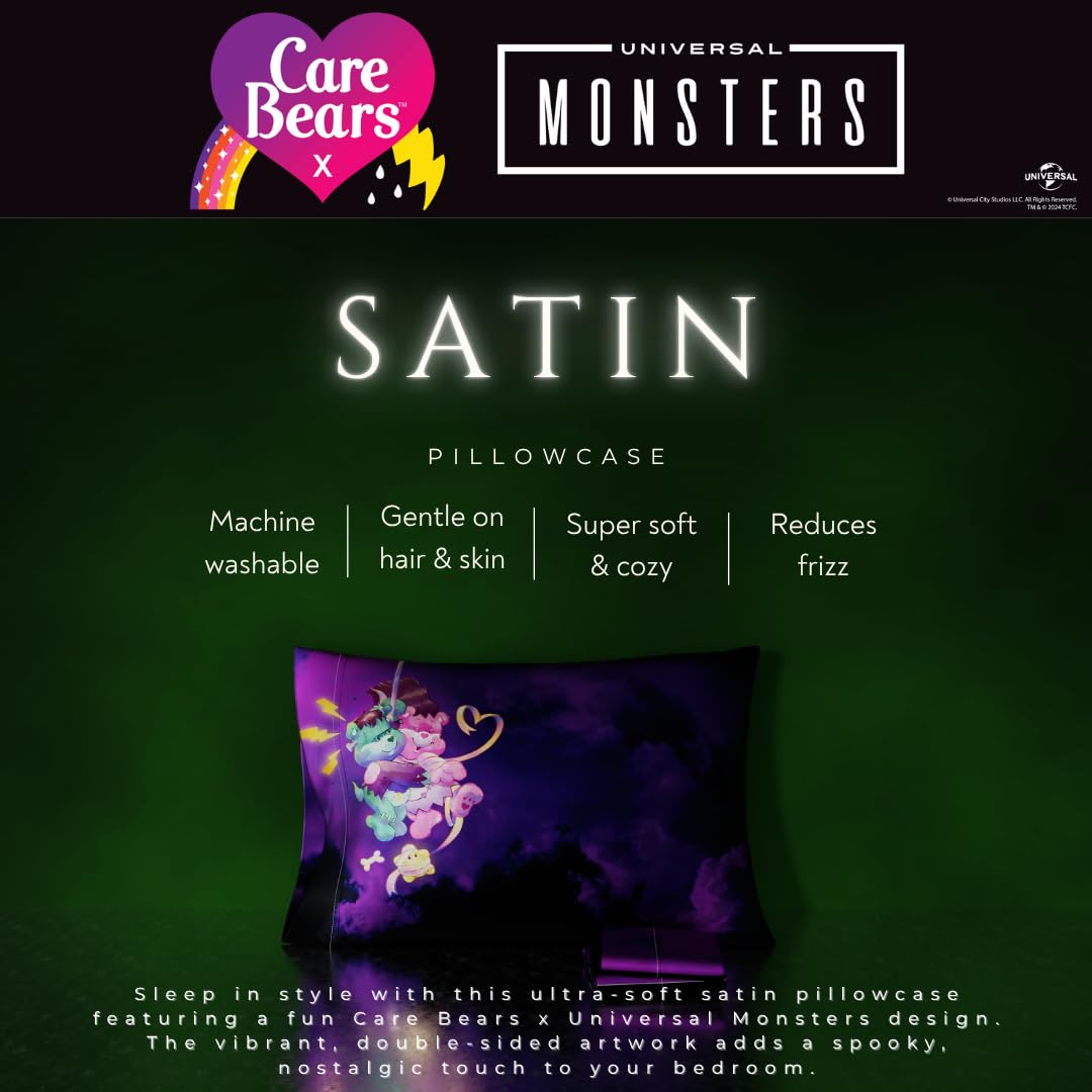 Care Bears x Universal Monsters Housse de Coussin Réversible en Satin Soyeux 50x75 cm pour Cheveux et Peau, Halloween (Produit sous Licence Officielle) par Franco Collectibles