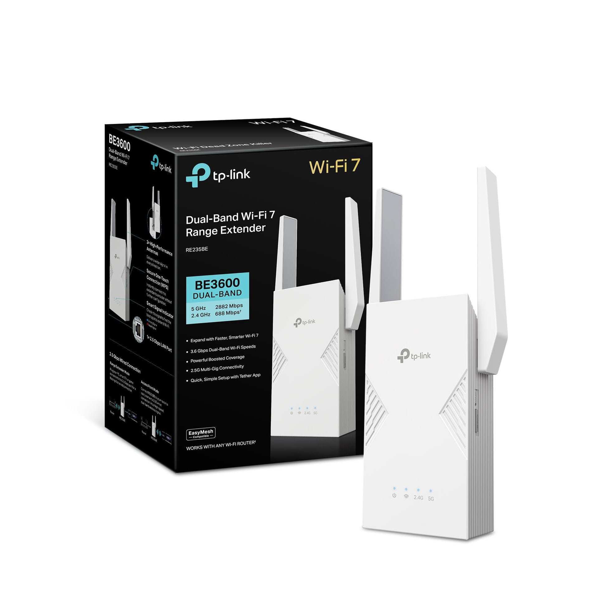 TP-Link BE3600 WiFi 7 Range Extender (RE235BE), Dual Band Signal Booster for Home, up to 3.6 Gbps, 2.5G Ethernet Port, EasyMesh/OneMesh Support, Access Point Mode, Compatible with All WiFi Routers TP-Link