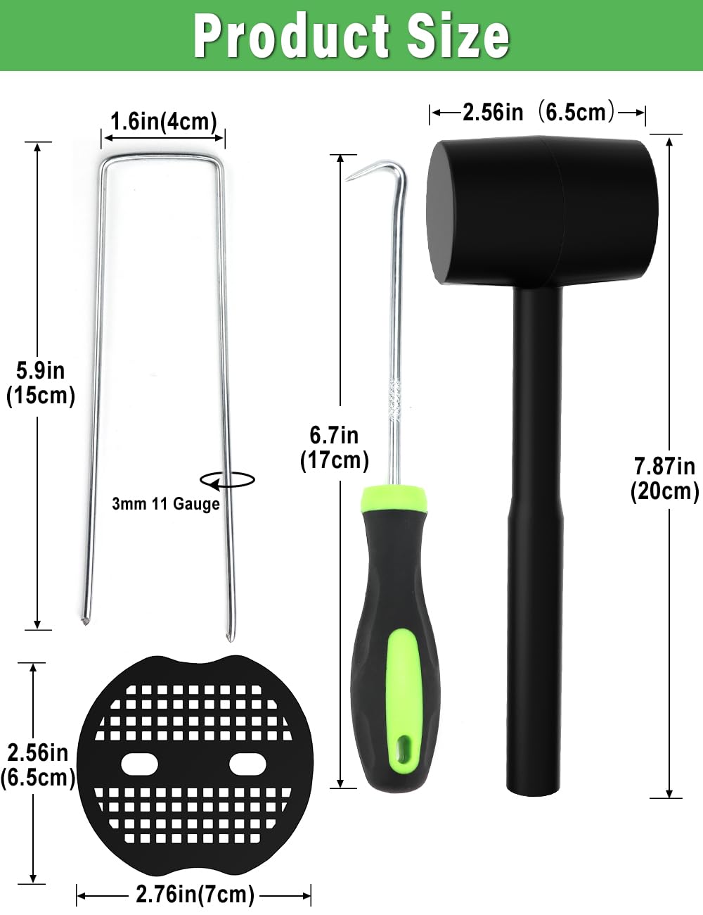 Wohohoho 102Pcs 6 Inches Landscape Staples with Gasket Kit. 50Pcs U-Shaped Garden Stakes and Plastic Fixing Gasket, with Pick Hook and Black Hammer. Pins for Tent Turf Weed Barrier Fabric Hose Fence