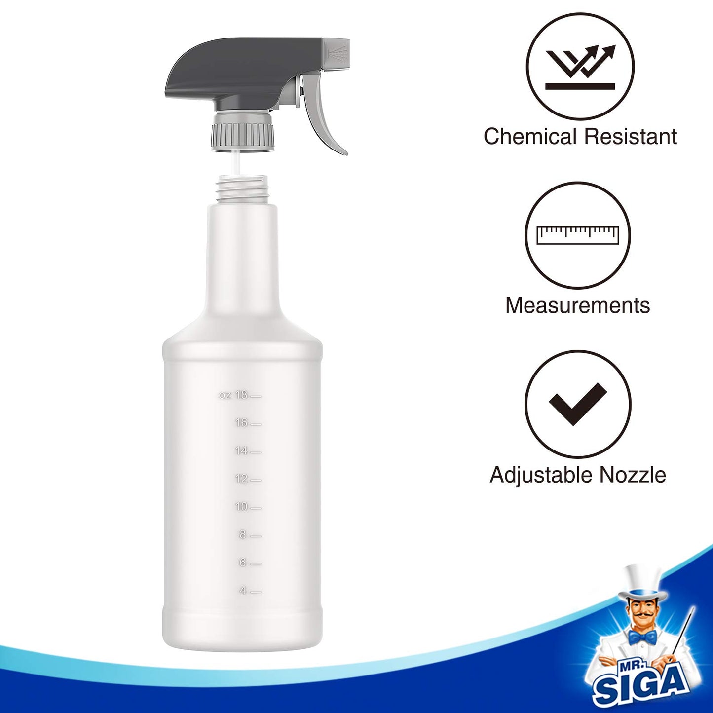 MR.SIGA 24 oz Plastic Spray Bottles for Cleaning Solutions, HDPE Commercial Grade Refillable Spray Bottles with Measurements and Adjustable Leak Proof Nozzle, 3 Pack