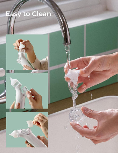 Momcozy BreezyClear™ Aspirateur nasal électrique 2-en-1 avec spray et aspiration pour bébé, 4 niveaux d'aspiration réglables jusqu'à 65kPa (qualité hospitalière), nettoyeur de nez silencieux et portable avec lumière apaisante et musique