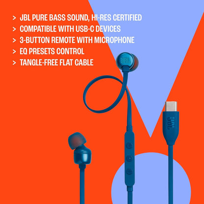 JBL Tune 310C - USB-C Wired Hi-Res in-Ear Headphones, Tangle-Free Flat Cable, 3-Button Remote with Microphone (Red)