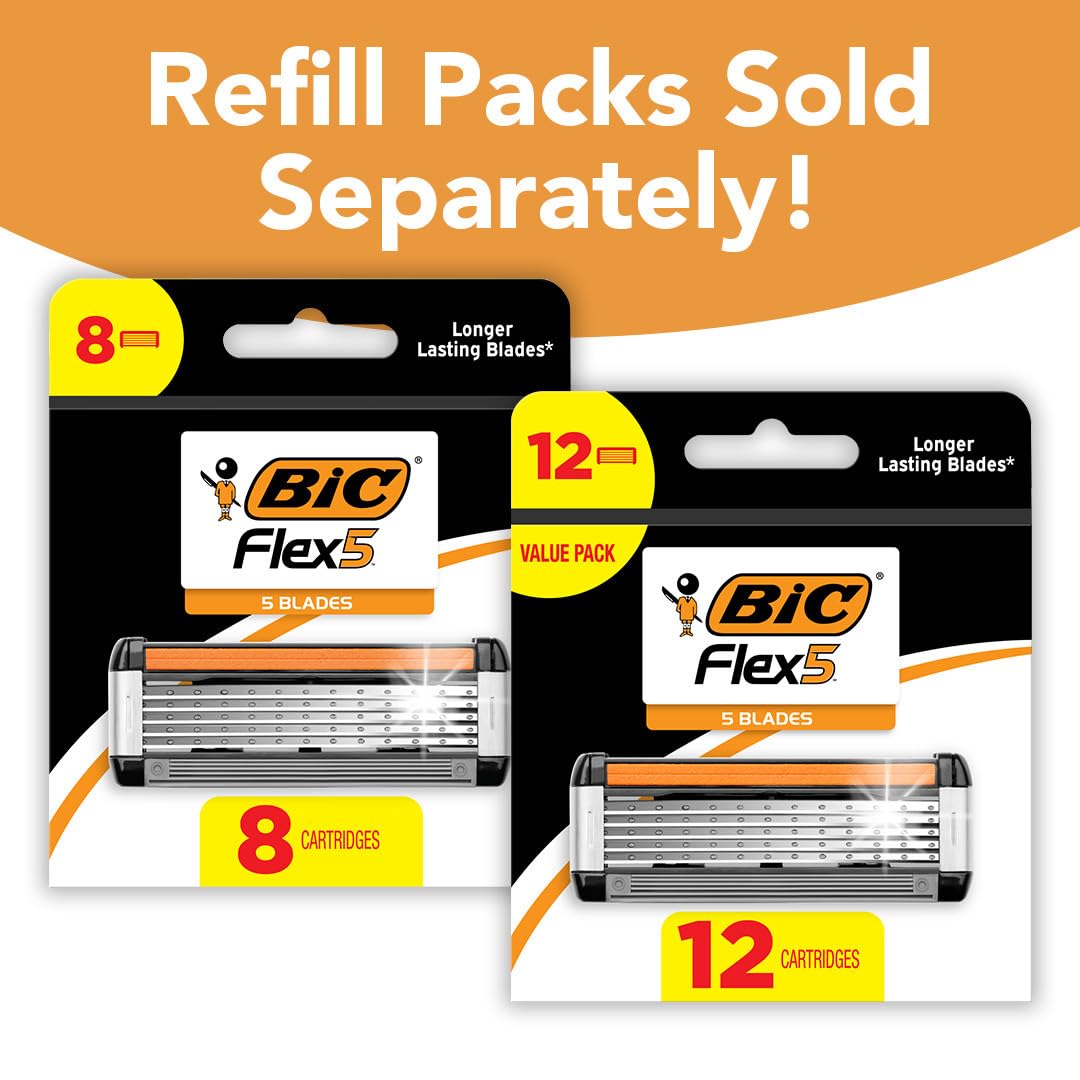 BIC Flex 5 Men's Refillable 5-Blade Razors with 1 Handle and 7 Cartridges, Up to 13 Shaves Per Cartridge, Men's Razors for First Apartment Essentials - Available at All In One Marketplace Canada