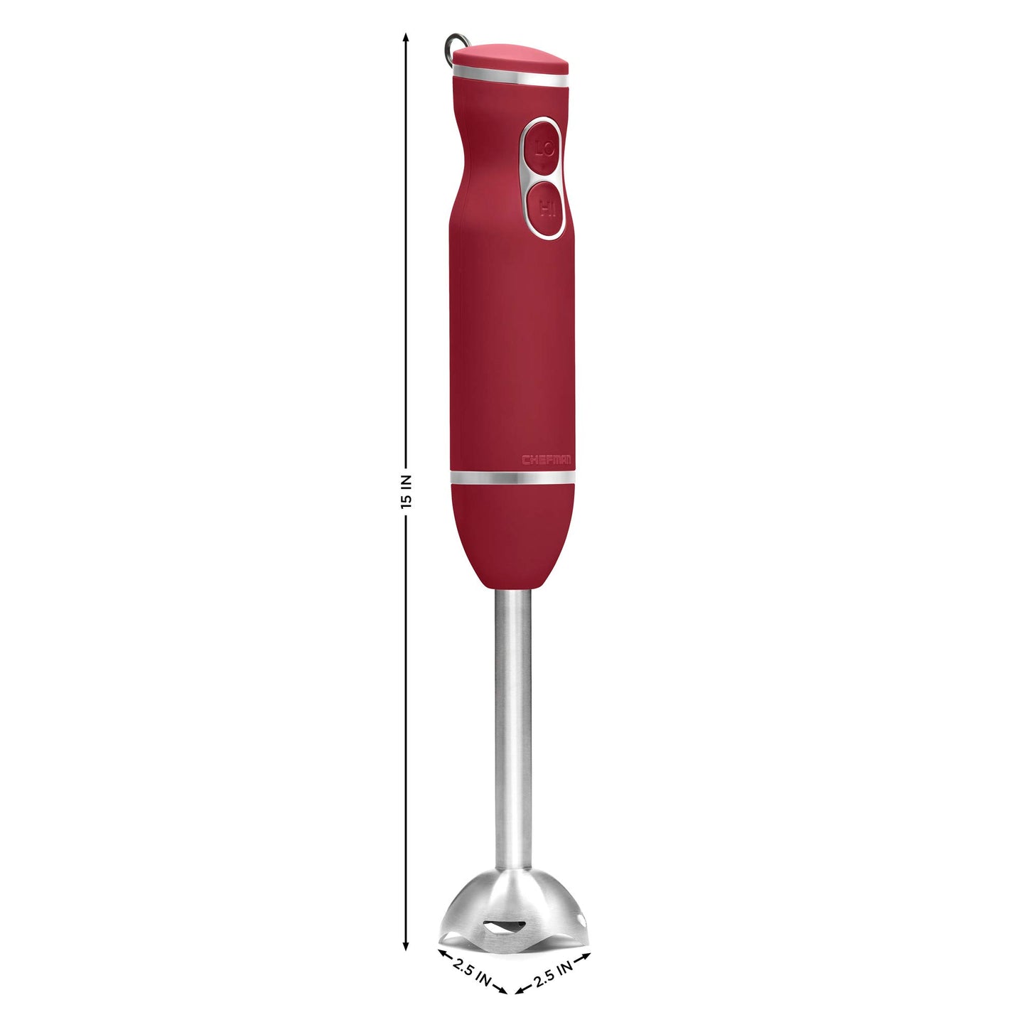 Chefman Immersion Blender, 300W Hand Blender with Stainless Steel Blades, Powerful Electric Ice Crushing 2-speed Control Handheld Food Mixer, Purées, Smoothies, Shakes, Sauces & Soups, Red Chefman