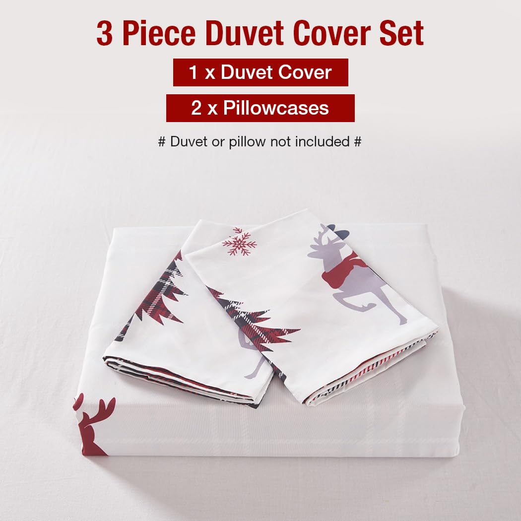 Conworld Christmas Duvet Cover Queen Size Set, Soft Reversible Red Plaid Reindeer Snowflake Printed Holiday Bedding Set with Zipper Closure, Corner Ties, 2 Pillowcases, 1 Duvet Cover 90x90 inches 🍁 All In One Marketplace Canada