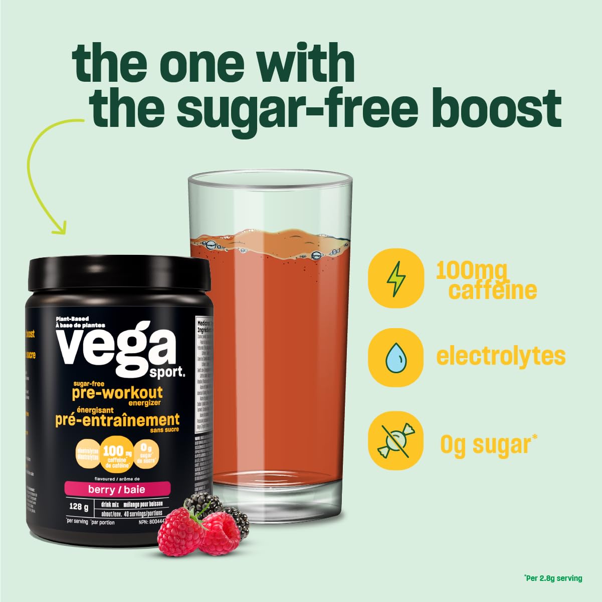 Vega Sport Sugar Free Pre-Workout Energizer, Lemon Lime (40 Servings) Vegan Preworkout Energy Powder, Gluten Free, 100mg Caffeine, Non GMO, 136g (Packaging May Vary) Vega