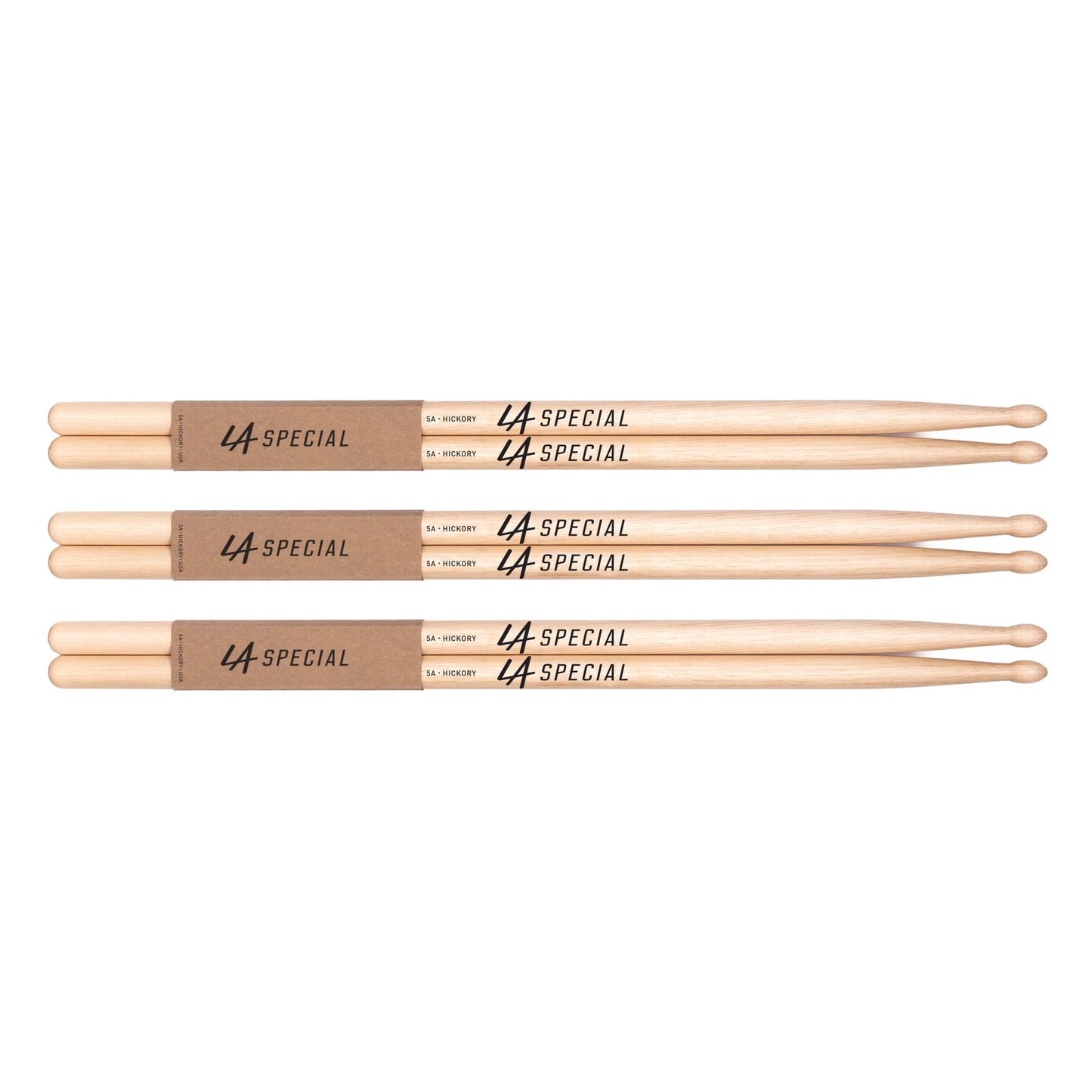 LA Specials Hickory 5A Drum Sticks, Wood Tip, 3-Pair Pack