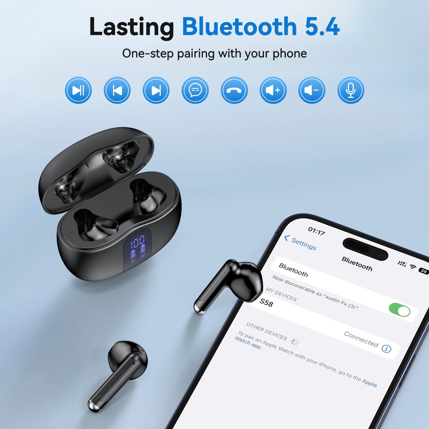 Wireless Earbuds, Bluetooth 5.4 Bass Stereo Headphones with 4 ENC Mic, 50H Playback Ear Buds with Charging Case LED Display,Sport Earphones IPX7 Waterproof for Phone, Android, Pad, DeepBlack