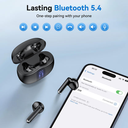 Wireless Earbuds, Bluetooth 5.4 Bass Stereo Headphones with 4 ENC Mic, 50H Playback Ear Buds with Charging Case LED Display,Sport Earphones IPX7 Waterproof for Phone, Android, Pad, DeepBlack