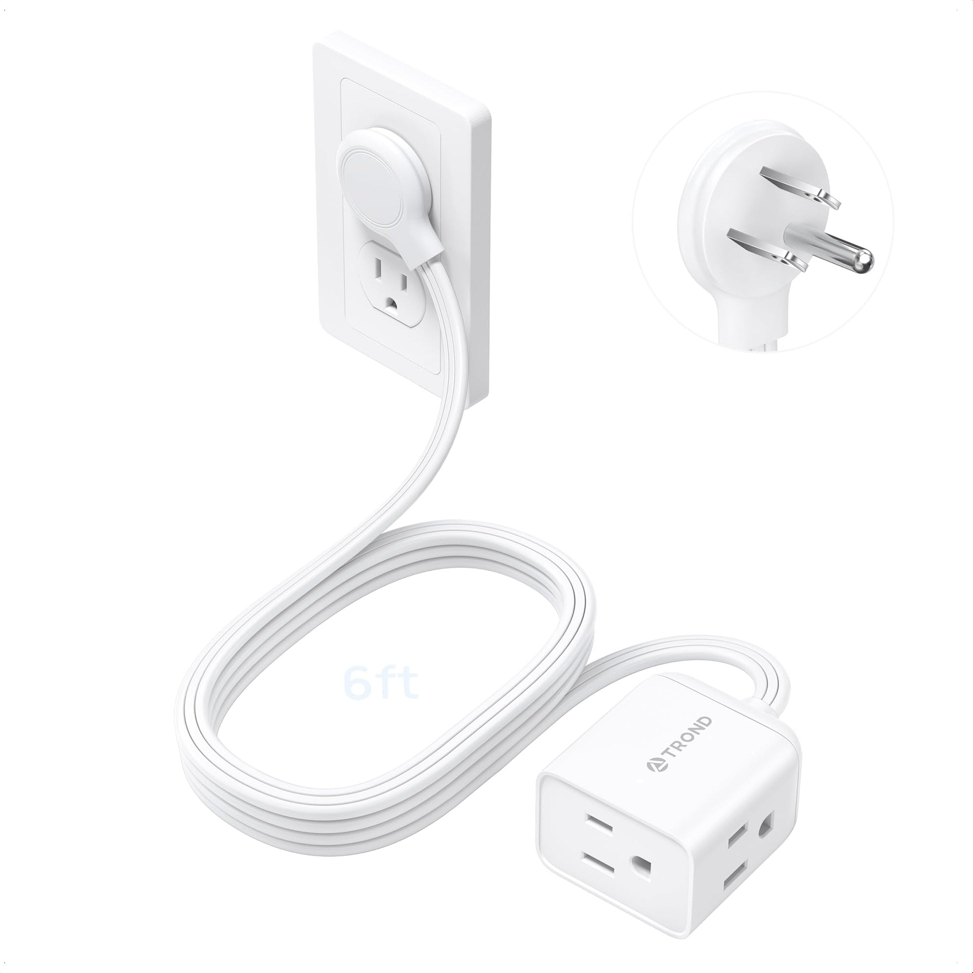 TROND 6ft Flat Extension Cord Indoor, Right Angle Ultra-Thin Plug, 3 Way Multiple Outlets, 13 Amps, 1625W, Small Flexible SPT 16/3 Power Cable Splitter for Home Office Dorm Room Essentials, White