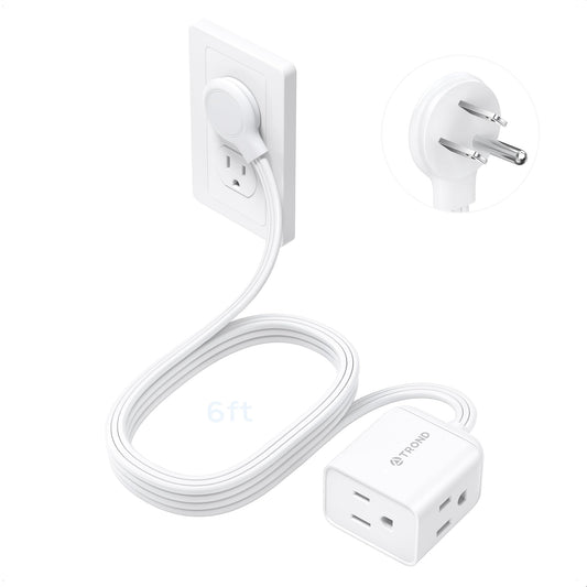 TROND 6ft Flat Extension Cord Indoor, Right Angle Ultra-Thin Plug, 3 Way Multiple Outlets, 13 Amps, 1625W, Small Flexible SPT 16/3 Power Cable Splitter for Home Office Dorm Room Essentials, White