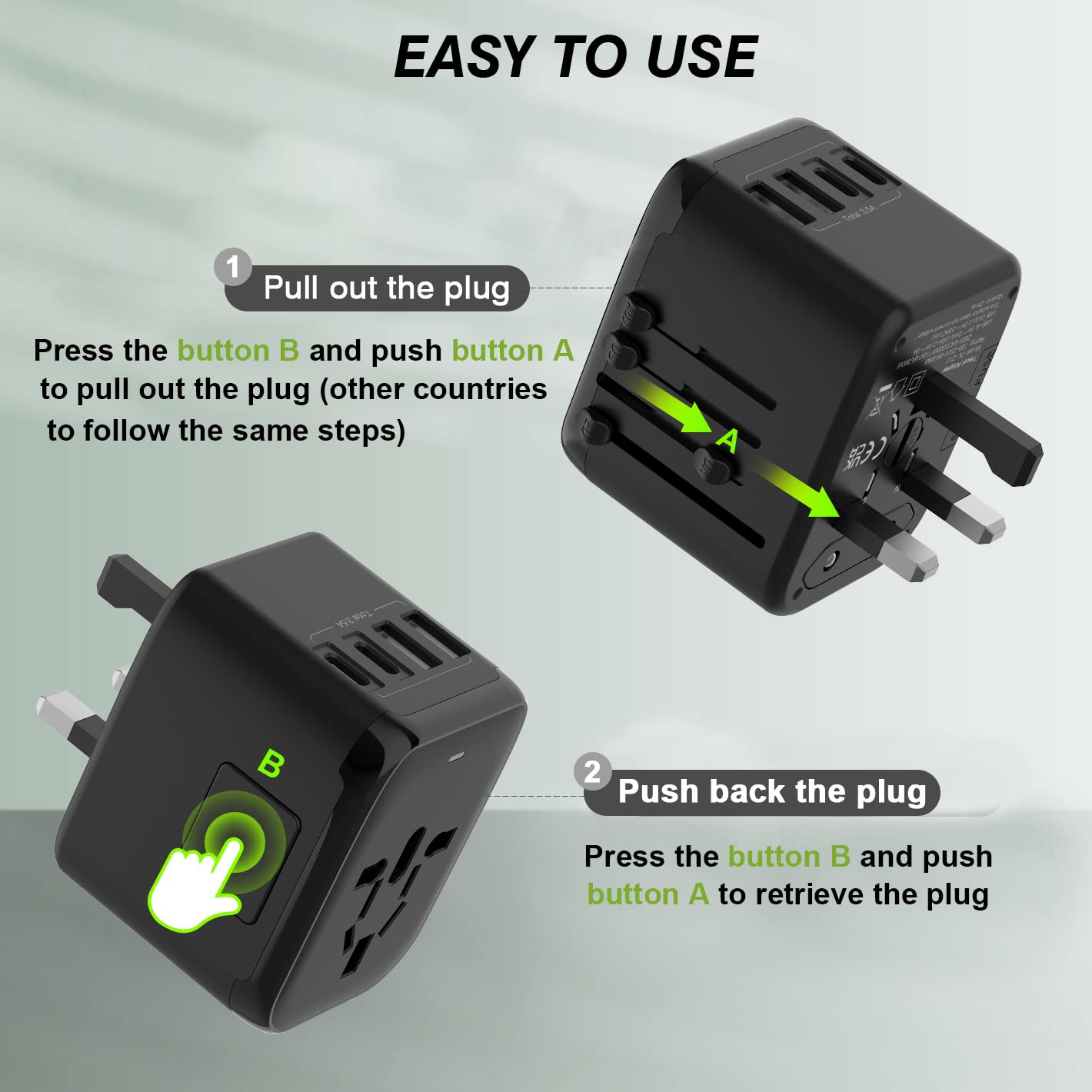 RXSQUL Universal International Power Travel Plug Adapter, 5 in 1 European Travel Plug Adapter W/ 3.5A 2xUSB-A And 2xUSB C Wall Charger and Worldwide AC Outlet for Europe USA UK AUS Asia-Black