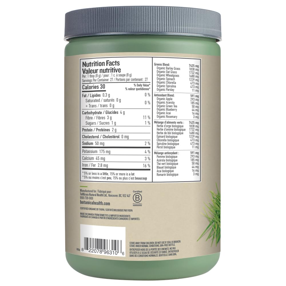 Botanica Perfect Greens Powder – Organic Spirulina, Chlorella & Barley Grass Blend, 7.4g Greens per Serving, Gluten-Free, 216g (27 Servings)
