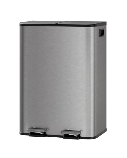 GarveeHome 2 x 8 Gallon Stainless Steel Double Trash Can with Lid for Kitchen, Large Dual Trash and Recycle Bin Combo, Step-on Kitchen Metal Garbage Cans, PP Inner Buckets, Liner Rim, Matte Grey GarveeHome