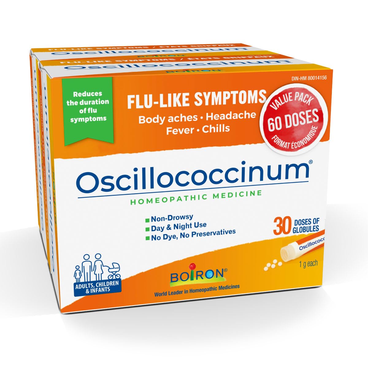 Boiron Oscillococcinum 60 doses Homeopathic Medicine for Flu-like Symptoms; Reduces the duration of flu-like symptoms such as body aches headaches fever and chills; Kosher (Pack of 2) Boiron