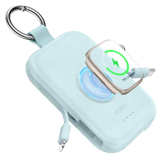 RORRY CharmGo Portable Charger, 5000mAh Portable Charger Power Bank with Built-in Cables, Travel Keychain Battery Pack for Apple Watch Ultra 3/2/10/9/8/Ultra/7/6/SE, iPhone 17/16/15, Blue
