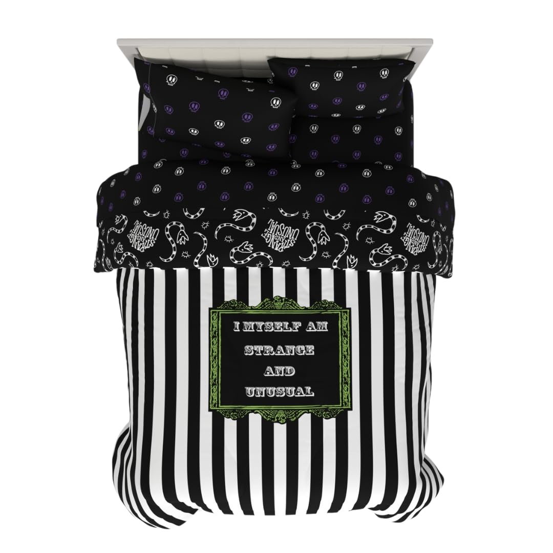 Franco Collectibles Beetlejuice Halloween Striped Bedding 5 Piece Super Soft Reversible Comforter and Sheet Set, Full, (Officially Licensed Product)