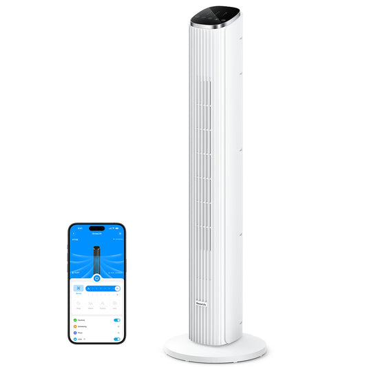 GoveeLife White Tower Fan for Bedroom, 36" Smart Floor Fan with App/Voice Control, Temperature Sensor, 5 Modes 8 Speeds(25ft/s), 29dB Quiet Oscillating Fan for Office, 24H Timer, Auto Cooling