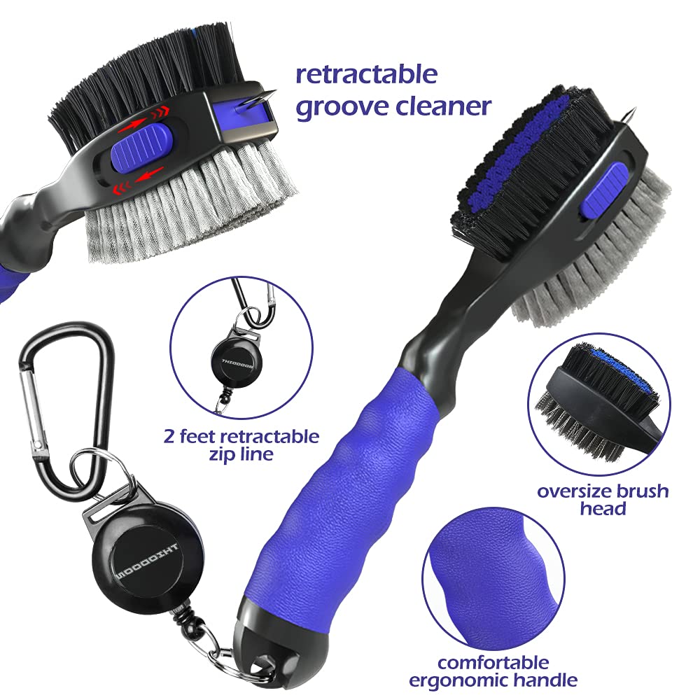 THIODOON 2 Pack Golf Club Brushes and Groove Cleaner 2 ft Retractable Zipline Carabiner Oversized Golf Brush Head with Retractable Spike Comfortable Grip Golf Club Cleaner - Available at All In One Marketplace Canada