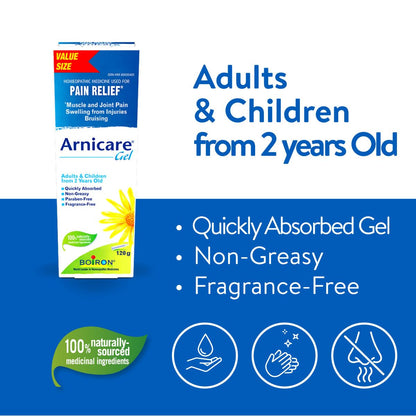 Boiron Arnicare Gel 120g for pain relief, Muscle pain and joint pain. Eases resorption of bruises and inflammatory oedema caused by falls, blows, blunt injury or surgery. 🍁 All In One Marketplace Canada
