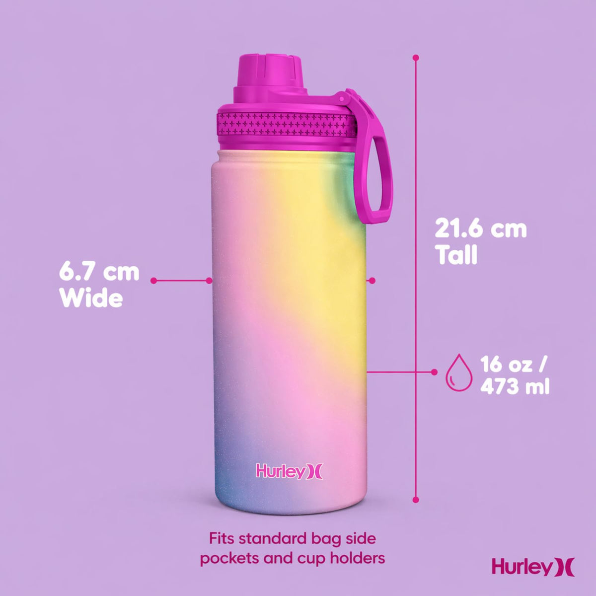Hurley 16 Oz Reusable Water Bottle with Chug Cap Stainless Steel Sports Bottle, Pink Cyclone