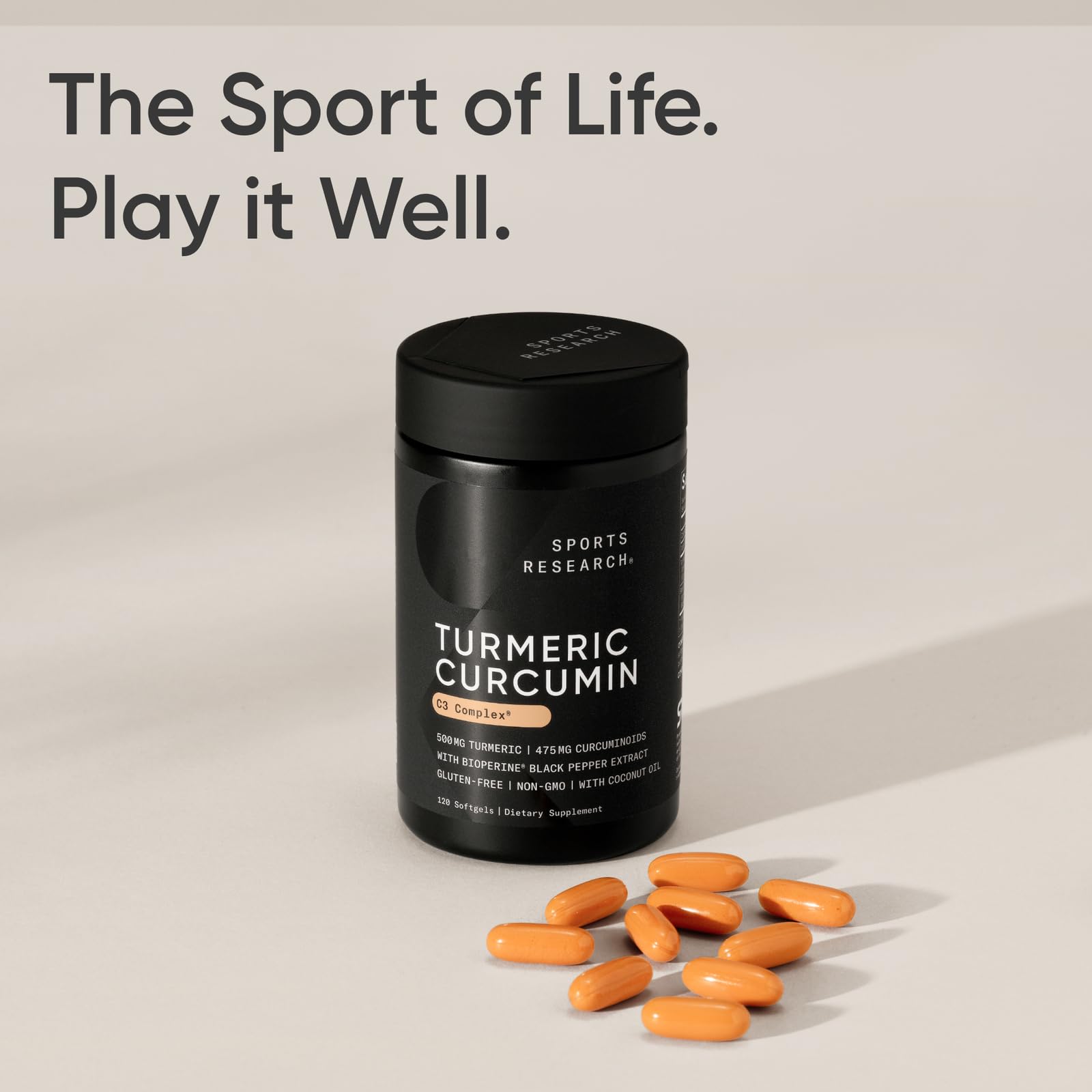 Sports Research® Turmeric Curcumin C3® Complex 500mg, Enhanced with Black Pepper & Organic Coconut Oil for Better Absorption; Non-GMO, Gluten Free & Third-Party Tested - 120 Liquid Softgels - Available at All In One Marketplace Canada