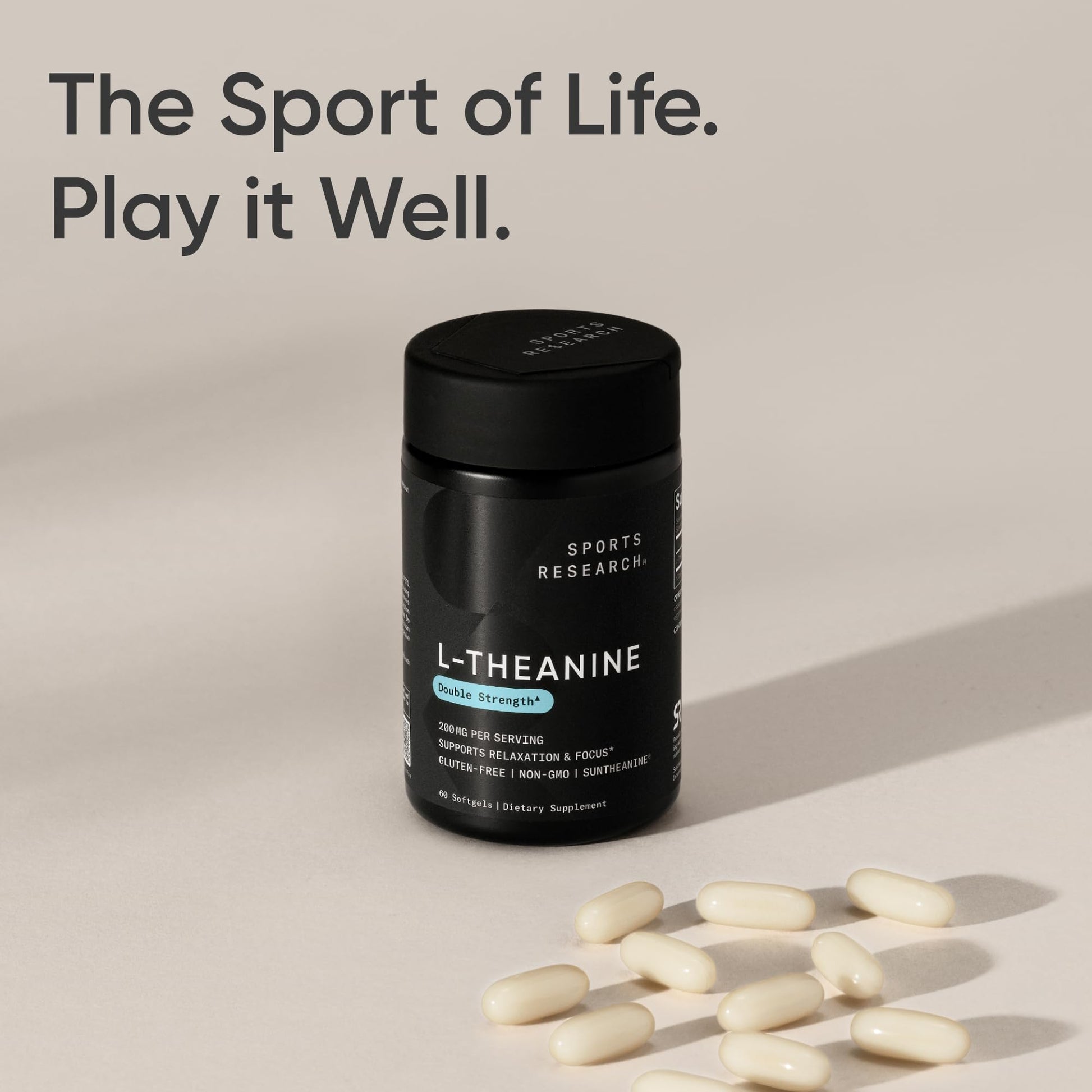 Sports Research® Double Strength ‘Suntheanine’ L-Theanine with Organic Coconut Oil - Promotes Alertness, Focus, and Relaxation without Drowsiness - 200 mg L Theanine Supplement - 60 Softgel Capsules - Available at All In One Marketplace Canada