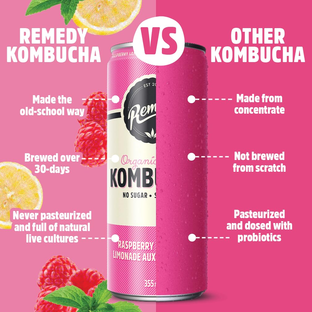 Remedy Kombucha Sugar-Free Organic Sparkling Drink - 6 Flavour Variety Pack, 355 mL Cans (24-Pack)
