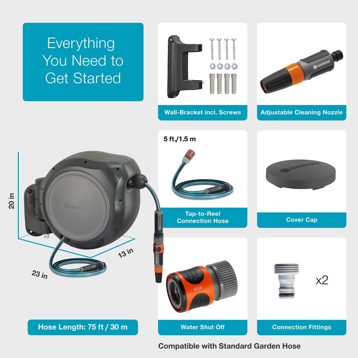 GARDENA 20502-80, Retractable Garden Hose Reel 75' x 1/2" Hose, Wall Mounted, Automatic Retraction & Length Lock for Easy Watering. Heavy Duty Swivel Bracket 180°, Includes Nozzle. Made in Europe 🍁 All In One Marketplace Canada GARDENA