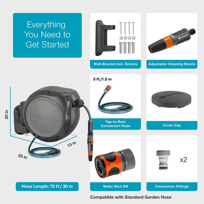 GARDENA 20502-80, Retractable Garden Hose Reel 75' x 1/2" Hose, Wall Mounted, Automatic Retraction & Length Lock for Easy Watering. Heavy Duty Swivel Bracket 180°, Includes Nozzle. Made in Europe 🍁 All In One Marketplace Canada GARDENA