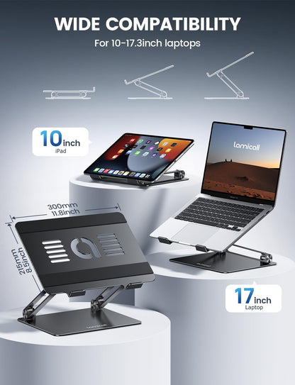 Lamicall Adjustable Laptop Stand, Portable Laptop Riser, Aluminum Laptop Stand for Desk Foldable, Ergonomic Computer Notebook Stand Holder Gift for MacBook Air Pro, More 10-17.3" Laptops, Black