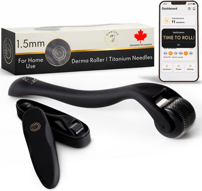 Derma Microneedling Roller - 1.5mm Titanium Needles - Designed in Canada - for Men and Women - Storage Case Included (Matte Black) - Available at All In One Marketplace Canada