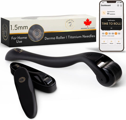 Derma Microneedling Roller - 1.5mm Titanium Needles - Designed in Canada - for Men and Women - Storage Case Included (Matte Black) - Available at All In One Marketplace Canada