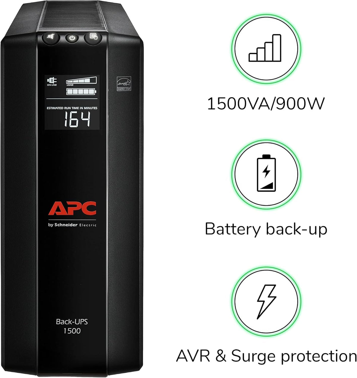 APC UPS 1500VA UPS Battery Backup & Surge Protector, BX1500M Backup Battery Power Supply, AVR, Dataline Protection